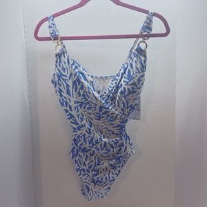 Michael Kors Blue Sea Coral Swimsuit with Gold Hardware